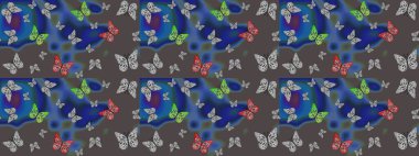 Raster illüstrasyonu. Kahverengi arka planda kelebek. Robot resim. Davetiye, kart ve parmak izi için basit kadınsı bir model. Rastgele kahverengi kelebekler sevimli desenler.