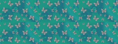 Raster illüstrasyonu. Yeşil, soyut suluboya kelebeklerle bezenmiş yumuşak bir deniz mavisi deseni. Yazdırmayı tekrarla. Sonsuz.