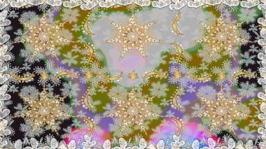 Kusursuz altın desenli bukleler. Parlak dantel, stilize çiçekler, şal desenli. Doğu tarzı arabesk. Raster. Hassas altın deseni açın. Gri renklerde, altın elementlerle kusursuz desen.