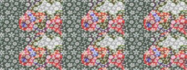 Kumaş, tekstil, duvar kağıdı baskısı için. Eskiz geçmişi. Eski usul. Miles Fleur, süslü püslü bir süs. Raster illüstrasyonu. Tomurcukları papatya çiçekleri olan sevimli bir çiçek deseni..