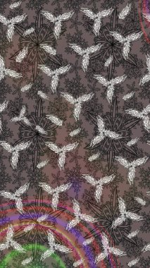 Raster illüstrasyonu. Suluboya çiçekli çiçek deseni. Kahverengi renkli Asyalı tekstil.