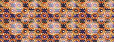 Raster illüstrasyonu. Kusursuz damaske klasik altın desen. Tekrarlayan elementlerle soyut arkaplan oluşturun. Turuncu renklerde altın desenli altın elementler.