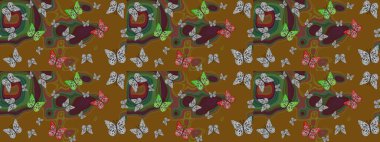 Renkli kelebeklerin eskiz geçmişi. Raster illüstrasyonu. Giysi tasarımı için kahverengi arkaplanda dekor.