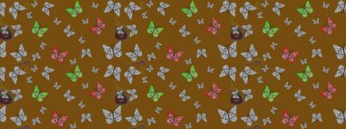 Kahverengi arka planda kelebek desenli çizim. Raster illüstrasyonu. Kumaş, kağıt, ambalaj kağıdı ve duvar kağıdı tasarımı için sevimli bir arkaplan.