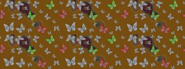 Sonsuz. Yazdırmayı tekrarla. Raster illüstrasyonu. Kahverengi soyut suluboya kelebeklerle hassas deniz mavisi desenli eskiz..