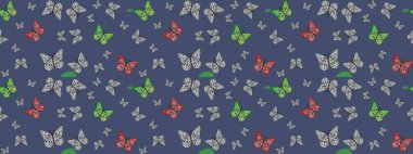 Tekstil baskısı için ekose kelebek. Çizim kalıbı. Karala, karala, karala. Mavi renkte bir resim. Raster illüstrasyonu.