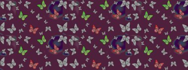 Raster illüstrasyonu. El çizimi, suluboya desenli kelebeklerin çizimi. Kahverengi renkli illüstrasyon. Klasik tarzda..