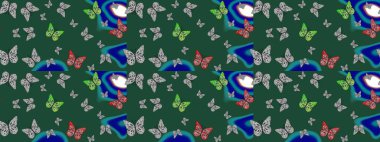 Kumaş, kağıt, ambalaj kâğıdı ve duvar kağıdı tasarımı için hoş bir arka plan. Raster illüstrasyonu. Yeşil arkaplanda kelebek deseni.