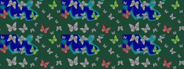 Raster Kelebekleri deseni. Güzel bir kumaş tasarımı. Soyut eskiz arka planı. Yeşil renkler üzerine resim.