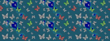 Raster. Mavi arka planda uçan güzel kelebek. Doğadaki güzellik. Kumaş, tekstil, baskı ve davetiye örnekleri. Çizim deseni.