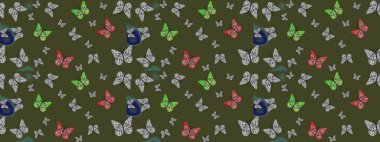 Basit Kadınsı Kart, Davetiye, Yazdırma Kalıbı. Güzel Kelebek Siluetleriyle Moda Dekorasyonu. Kelebeklerle dolu yaz arkaplanı yeşil renkler. Güveli Raster Arkaplanı.