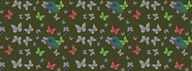Bahar Kelebeği teması. Sonsuz. Giysi kumaşı için böcek dokusu parçası tekrarlanıyor. Yeşil üzerine güzel bir kelebek kumaşı çizimi. Çizim, karalama, karalama. Raster illüstrasyonu.