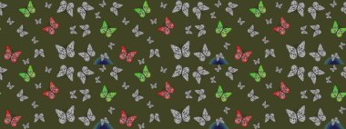 Duvar kağıtları, web sayfası geçmişi, yüzey dokuları, tekstil için mükemmel. Yeşil renkli resimler, tropik kelebeklerle birlikte. Soyut eskiz arka planı. Raster kelebekleri deseni.