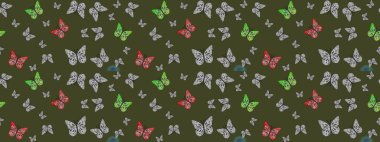 Robot resim. Raster illüstrasyonu. Yeşil arka planda kelebek. Rastgele yeşil kelebekler şirin desenler. Davet, kart, yazdırma için basit kadınsı desen.