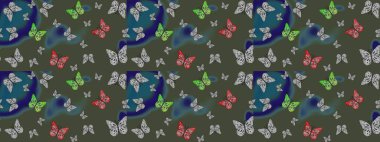 Kart, baskı ve davetiye için basit şirin bir desen. Giysi tasarımı için yeşil arka planda geleneksel Raster halk çiçekleri dekoru. Nakış, egzotik kelebeklerle süslü çiçek çizimi deseni..