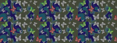 Soyut eskiz arka planı. Duvar kağıtları, web sayfası geçmişi, yüzey dokuları, tekstil için mükemmel. Yeşil renkli resimler, tropik kelebeklerle birlikte. Raster kelebekleri deseni.