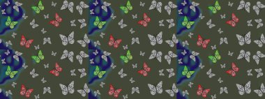 Kelebek yineleme dokusunun güzel çizimi karşıtlık katmanında izole edilmiş. Raster illüstrasyonu. Korunmak için vahşi yaşam böcekleri için arka plan. Doğa kelebeği temayı yeşil renklerle tekrarlar.