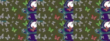 Robot resim. Kart, baskı ve davetiye için basit kadınsı bir model. Kağıt, kumaş ve ambalaj için uygun. Raster illüstrasyonu. Yeşil arkaplanda renkli kelebek koleksiyonu.