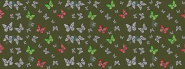 Raster illüstrasyonu. Bahar Kelebeği teması. Yeşil lekeli güzel kelebek kumaşı dokusu. Duvar kağıdı için böcek dokusunun tekrarı.