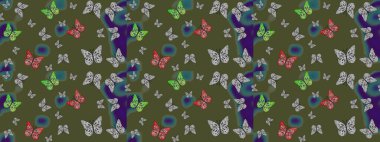 Tekstil, duvar kâğıtları, web sayfası arkaplanları ve yüzey dokuları için mükemmel. Yeşil renkli kelebeklerin eskiz arkaplanı. Raster illüstrasyonu.