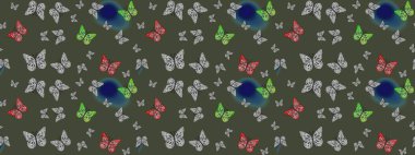 Soyut eskiz arka planı. Yeşil renkli resimler, tropik kelebeklerle birlikte. Raster Kelebekleri deseni. Duvar kağıtları, web sayfası arkaplanları, yüzey dokuları, tekstil için mükemmel..