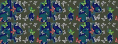 Kelebek desenli güzel çizim tasarımı. Ambalajlar, duvar kağıtları, kumaş tasarımı ve kağıt için hoş bir arkaplan. Robot resim. Mavi renkli resimler.