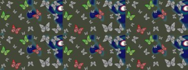 Kelebek deseni. Yeşil renklerin çizimi. Raster. Soyut eskiz arka planı. Moda Kumaşı Tasarımı.