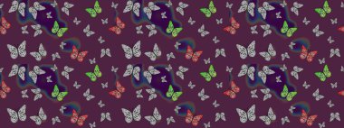 Ambalajlar, duvar kağıtları, kumaş tasarımı ve kağıt için güzel bir arka plan. Raster illüstrasyonu. Kahverengi üzerinde sevimli kelebekler. Renkli kelebeklerin eskiz arka planı.