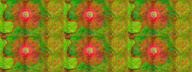 Çiçek deseni. Yeşil, kahverengi ve turuncu renkli çiçek çizimi. Şatafatlı bahar bahçesi dokusu. Raster illüstrasyonu. Yeşil, kahverengi ve turuncu renkte çiçekler.