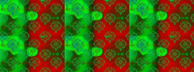 Kusursuz çiçek deseni. Raster illüstrasyonu. Asya tekstil tarzında. Yeşil, kırmızı ve kahverengi renkte çiçekler. Renkli Bahar Temalı Kusursuz Arkaplan. Düz Çiçek Elementleri Tasarımı.