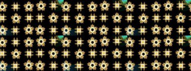 Yüzey için tekrarlanan doku, ambalaj kağıdı, siyah, sarı ve kahverengi renkler. Raster illüstrasyonu. Renkli arka planda izole kar taneleri. Kış kar tanesi, raster arkaplan.