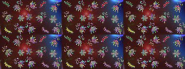 Raster illüstrasyonunda kusursuz çiçek deseni. Kahverengi, mor ve mavi renklerde. Güzel kumaş deseni. Raster illüstrasyonu.