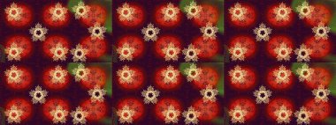 Raster illüstrasyonu. Kar tanelerinin soyut arkaplanlı Noel şablonu. Noel ve yeni yıl moda baskıları için tatil tasarımı. Turuncu, kahverengi ve kırmızı renkler.