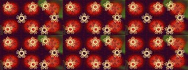 Raster illüstrasyonu. Kar tanelerinin soyut arkaplanlı Noel şablonu. Noel ve yeni yıl moda baskıları için tatil tasarımı. Turuncu, kahverengi ve kırmızı renkler.