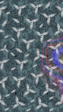 Raster çiçek desenli çiçek deseni, yapraklar, dekoratif elementler, sıçrama, lekeler, el çizimi kontur çizgileri ve Doodle çizim stili, grafik raster çizim çizimi.