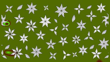 Yeşil renkli bitkilerden oluşan parlak çiçekli çizim deseni.