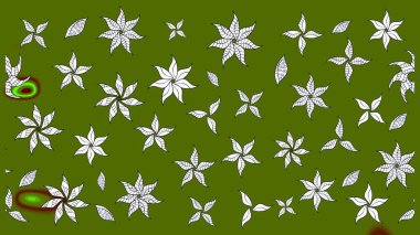 Yeşil renkli bitkilerden oluşan parlak çiçekli çizim deseni.