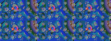 Çiçekli güzel suluboya desen. Raster illüstrasyonu. Mavi, yeşil ve mor renklerde.