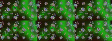 Bir sürü yeşil ve soyut çiçekli tropik eskiz deseni. Küçük çiçekteki sevimli çiçek deseni. Varicologreen Raster çizimi.