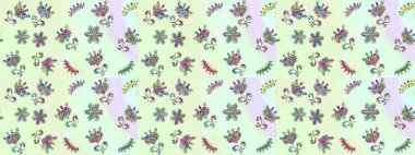 Düz Çiçek Elementleri Tasarımı. Renkli Bahar Temalı Kusursuz Arkaplan. Raster illüstrasyonu. Asya tekstil tarzında. Güzel kumaş deseni. Kusursuz çiçek deseni.