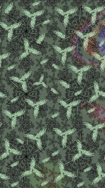 Raster Çiçek İllüstrasyonu güzel tekstil. Gri renkli etnik çiçeklerle zarif eskiz deseni.