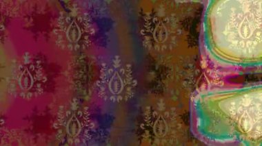 Renkli unsurlarla hareketli arka plan görüntüleri. Çiçekler. Eski model. Bayrak tarzı. Altın, altın. Video kaydı. Şablon.