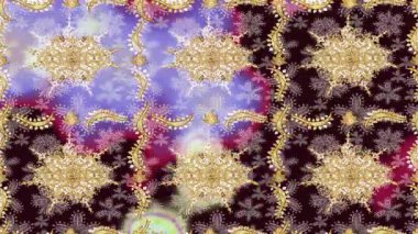 Renkli unsurlarla hareketli arka plan görüntüleri. Çiçekler. Eski model. Bayrak tarzı. Altın, altın. Video kaydı. Şablon.