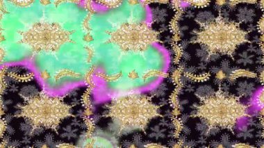 Renkli unsurlarla hareketli arka plan görüntüleri. Çiçekler. Eski model. Bayrak tarzı. Altın, altın. Video kaydı. Şablon.