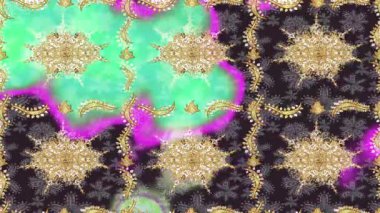 Renkli unsurlarla hareketli arka plan görüntüleri. Çiçekler. Eski model. Bayrak tarzı. Altın, altın. Video kaydı. Şablon.