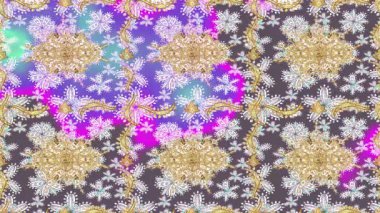 Renkli unsurlarla hareketli arka plan görüntüleri. Çiçekler. Eski model. Bayrak tarzı. Altın, altın. Video kaydı. Şablon.