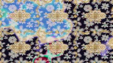 Renkli unsurlarla hareketli arka plan görüntüleri. Çiçekler. Eski model. Bayrak tarzı. Altın, altın. Video kaydı. Şablon.