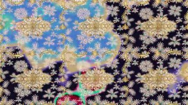 Renkli unsurlarla hareketli arka plan görüntüleri. Çiçekler. Eski model. Bayrak tarzı. Altın, altın. Video kaydı. Şablon.