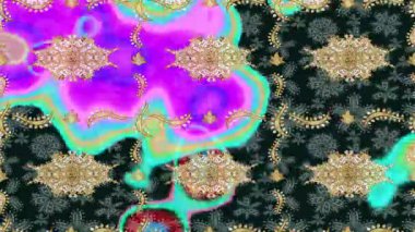 Renkli unsurlarla hareketli arka plan görüntüleri. Çiçekler. Eski model. Bayrak tarzı. Altın, altın. Video kaydı. Şablon.