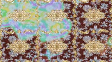 Renkli unsurlarla hareketli arka plan görüntüleri. Çiçekler. Eski model. Bayrak tarzı. Altın, altın. Video kaydı. Şablon.